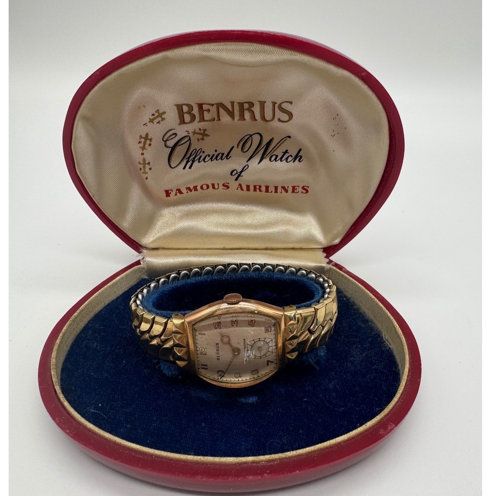 Vintage Benrus Shock Absorber Mens Watch Gold Plated Tonneau Case orginal box